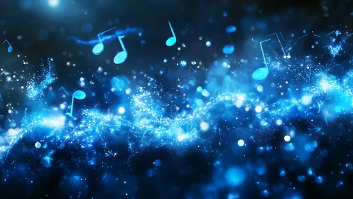 Glowing blue music notes drift through a cosmic soundscape