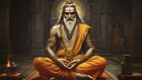 Monastic thunder sage in gold robes guarding temple hush.