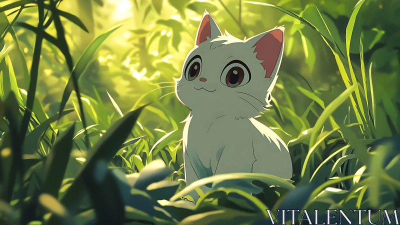 Sunlit white kitten nestled in verdant forest grassland.