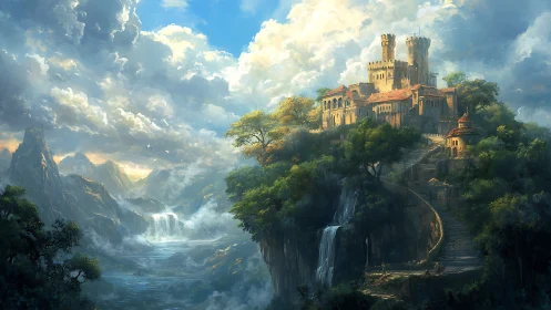 Sky-brushed cliffside citadel above whispering waterfalls.