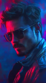 Neon-lit rebel in shades and leather jacket glow.