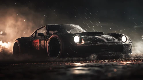 Midnight drift machine carving sparks through storm streets.