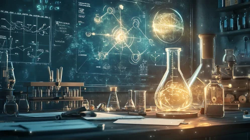 Futuristic laboratory glows with holographic science displays.