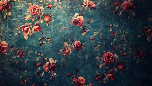 Textured teal floral ground with scattered vintage rose clusters.