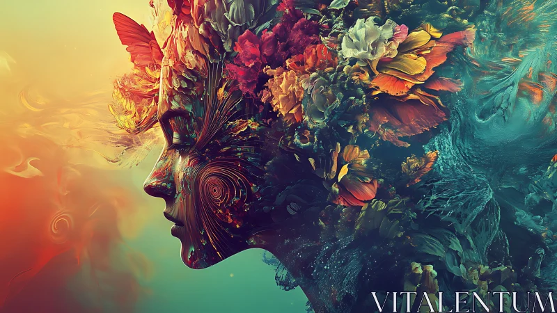 Floral human profile dissolves into swirling cosmic color