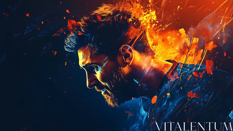 Side profile male portrait with abstract fiery overlay.
