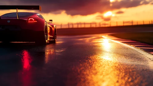 Racing supercar glows on wet track at vivid sunset.