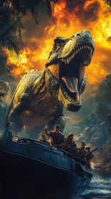 Cinematic T‑Rex river pursuit with armed explorers at sunset
