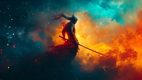 Warrior silhouette stands between blue nebula and orange fire
