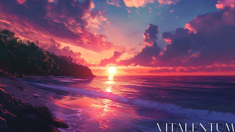 Sunset paints the shoreline in neon-sorbet ocean light