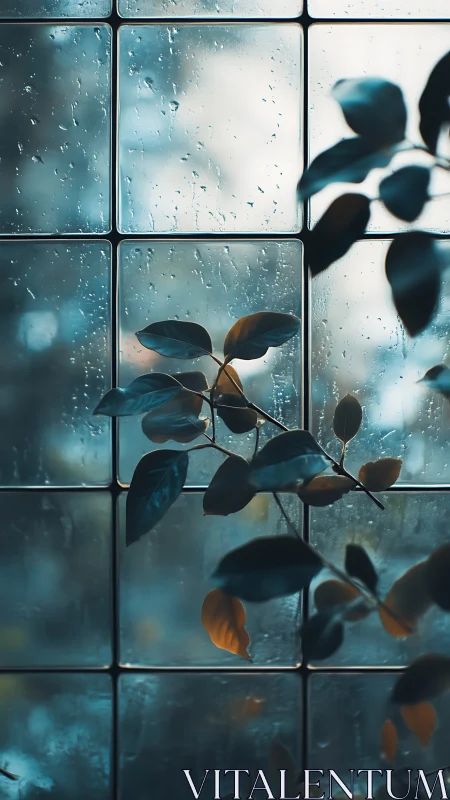 Green leaves against wet glass window in soft blue light.