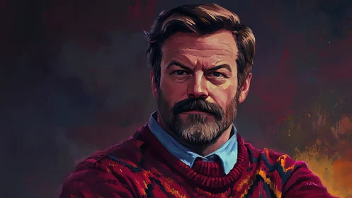 Brooding bearded gentleman in ember-lit painted sweater portrait.