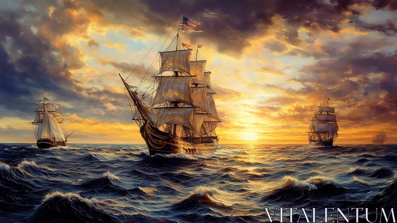 Majestic tall ships cross a storm-tinged sea at sunset.