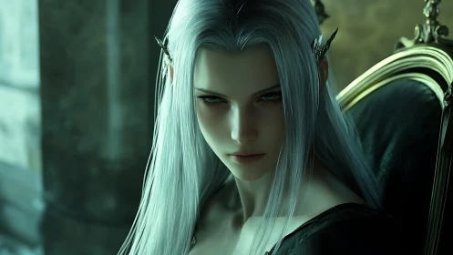 Digital painting portrait of ethereal silver haired ruler.