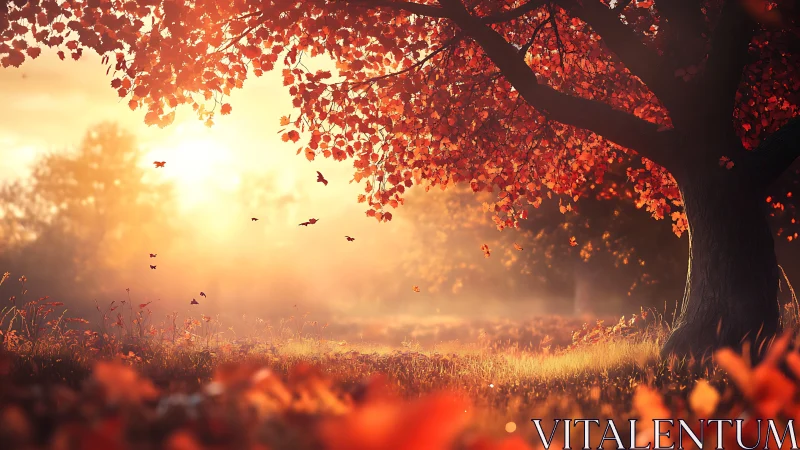 Autumn sunrise woodland with glowing backlit maple canopy.