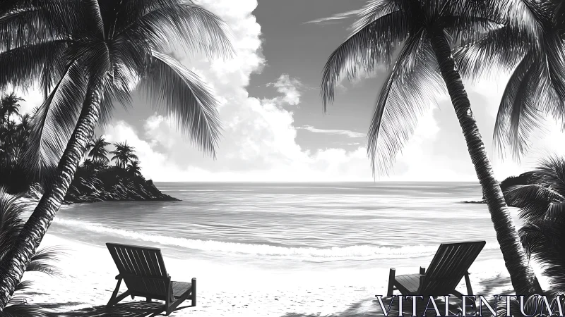 Tropical Beach Retreat. Black and White Illustration.