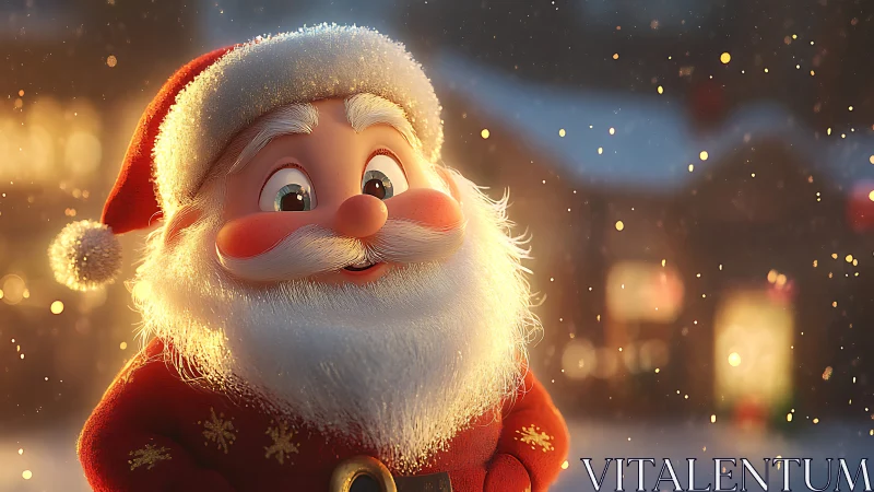 Cute cartoon Santa glows under golden snowy lights.