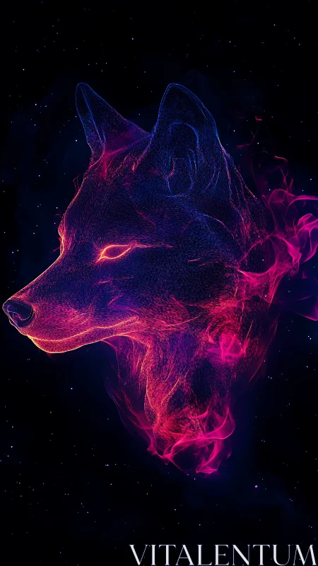 Neon wolf head outline is rendered with luminous particle trails