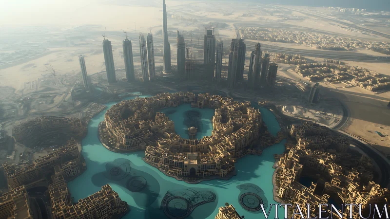 Aerial hyperdense desert megacity with concentric aqua basins.