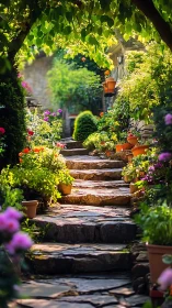 Stone terrace stairway through densely layered cottage flora.