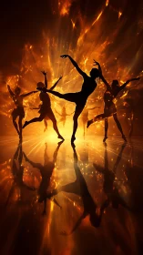 Silhouetted dancers move before an intense radial light field