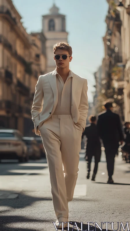 Sunlit boulevard swagger in a cream city suit stride.