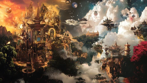 Dual-realm floating temple megastructures in cloud strata.