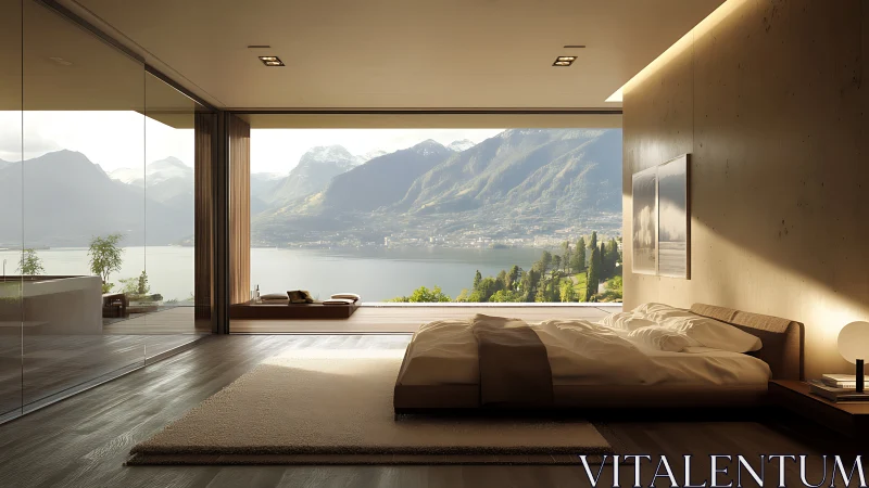 Calm lakeside bedroom retreat with soft morning mountain views.