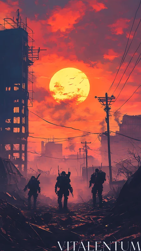 Armored soldiers cross ruined city under burning sunset sky