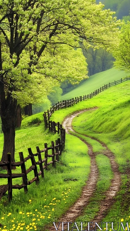 Sunlit country lane curling through bright spring meadows.