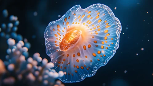 Bioluminescent jellyfish drifts through glowing coral reef