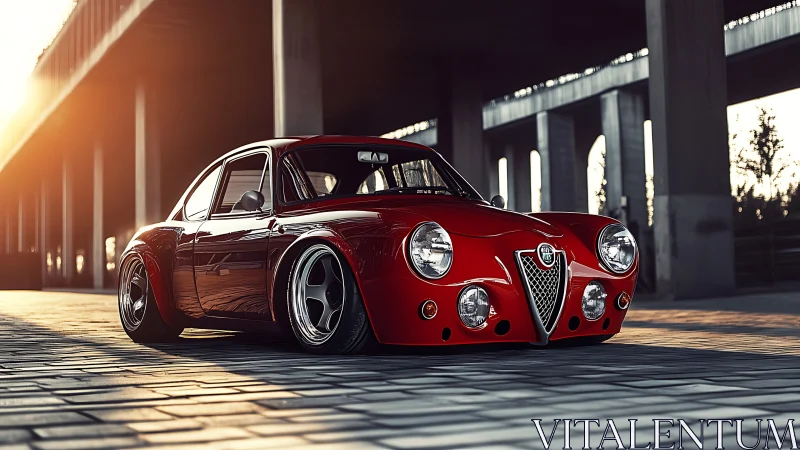 Low-slung red retro sports car glows in golden sunset.