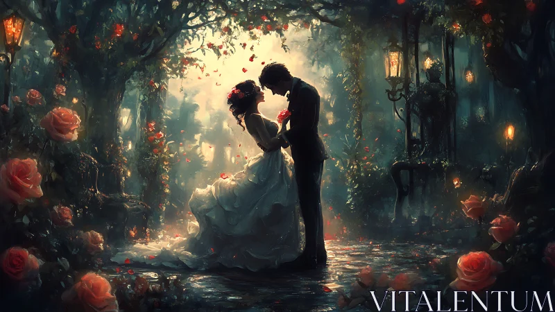 Romantic couple dancing in enchanted garden with roses and lanterns