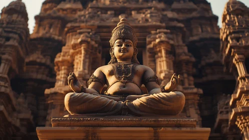 Sacred stone deity statue under warm temple sunlight.