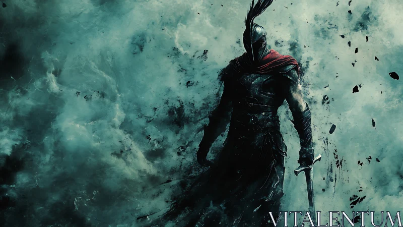 Lone armored warrior emerging from swirling battle mist.