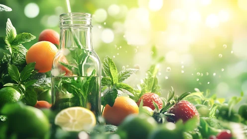 Glass bottle with citrus, berries, mint and bright bokeh.