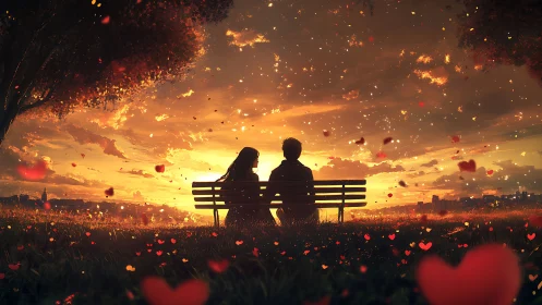 Two figures on bench beneath apocalyptic sunset with falling hearts