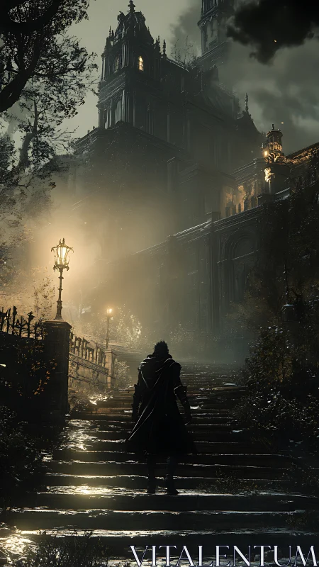 Lone wanderer ascends misty gothic stairs toward haunted spire.