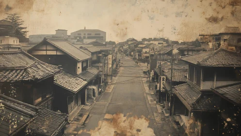 Aged sepia streetscape of traditional Japanese wooden town