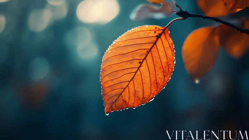 Single dewy autumn leaf glows against soft teal bokeh