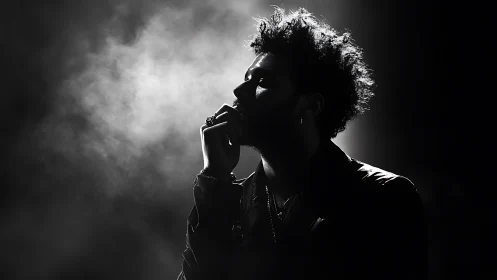 Shadow-drenched thinker exhales light into drifting smoke