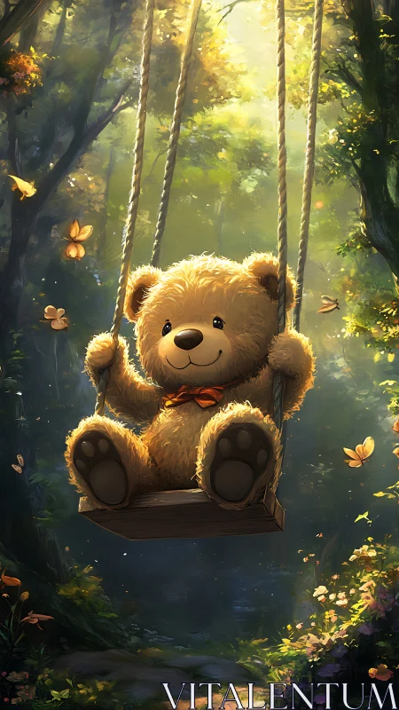 Teddy bear glides on woodland swing through golden light