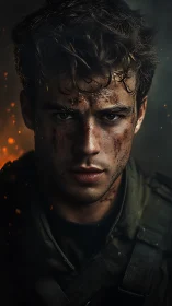 Soldier portrait with dirt-smeared face in low key light.