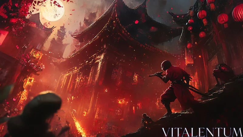 Martial figure in burning temple under full moon light.