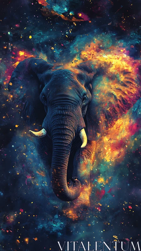 Cosmic elephant emerging through vibrant nebula veil.