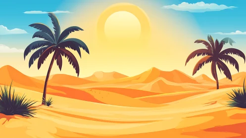 Stylized desert oasis under intense sun with layered dune gradients