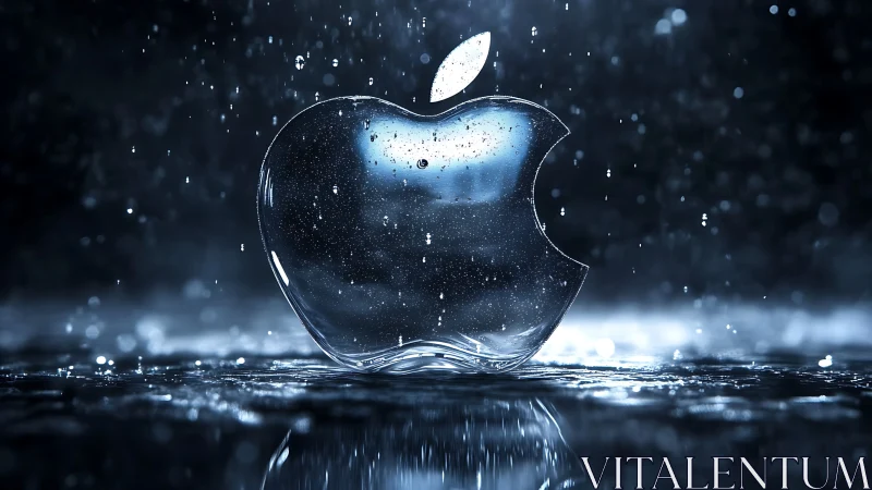 Glass apple logo under rain with luminous blue reflections.