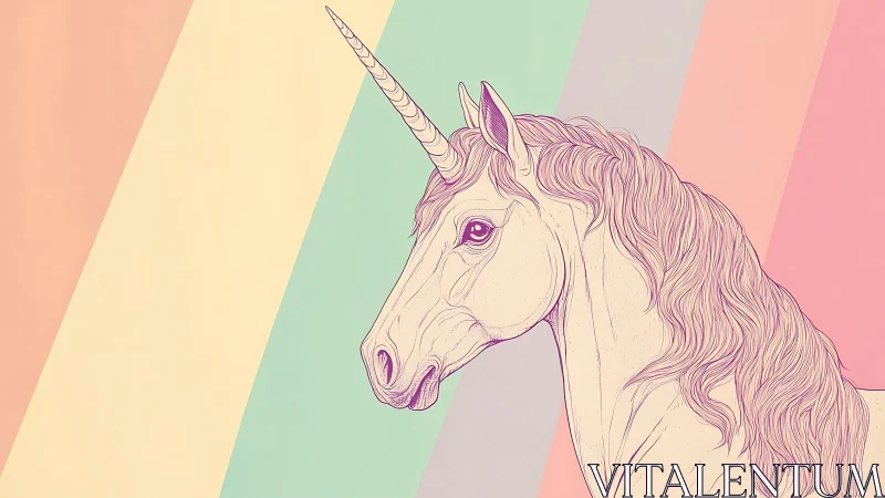 Pastel line-art unicorn over diagonal rainbow stripes.