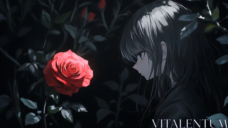 Side-lit anime girl studies saturated red rose in dark foliage