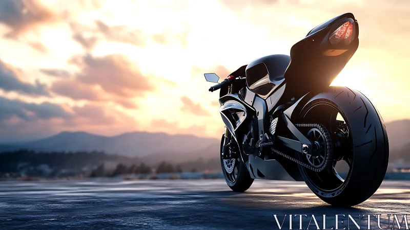 Sport motorcycle on open asphalt at sunset with mountains.